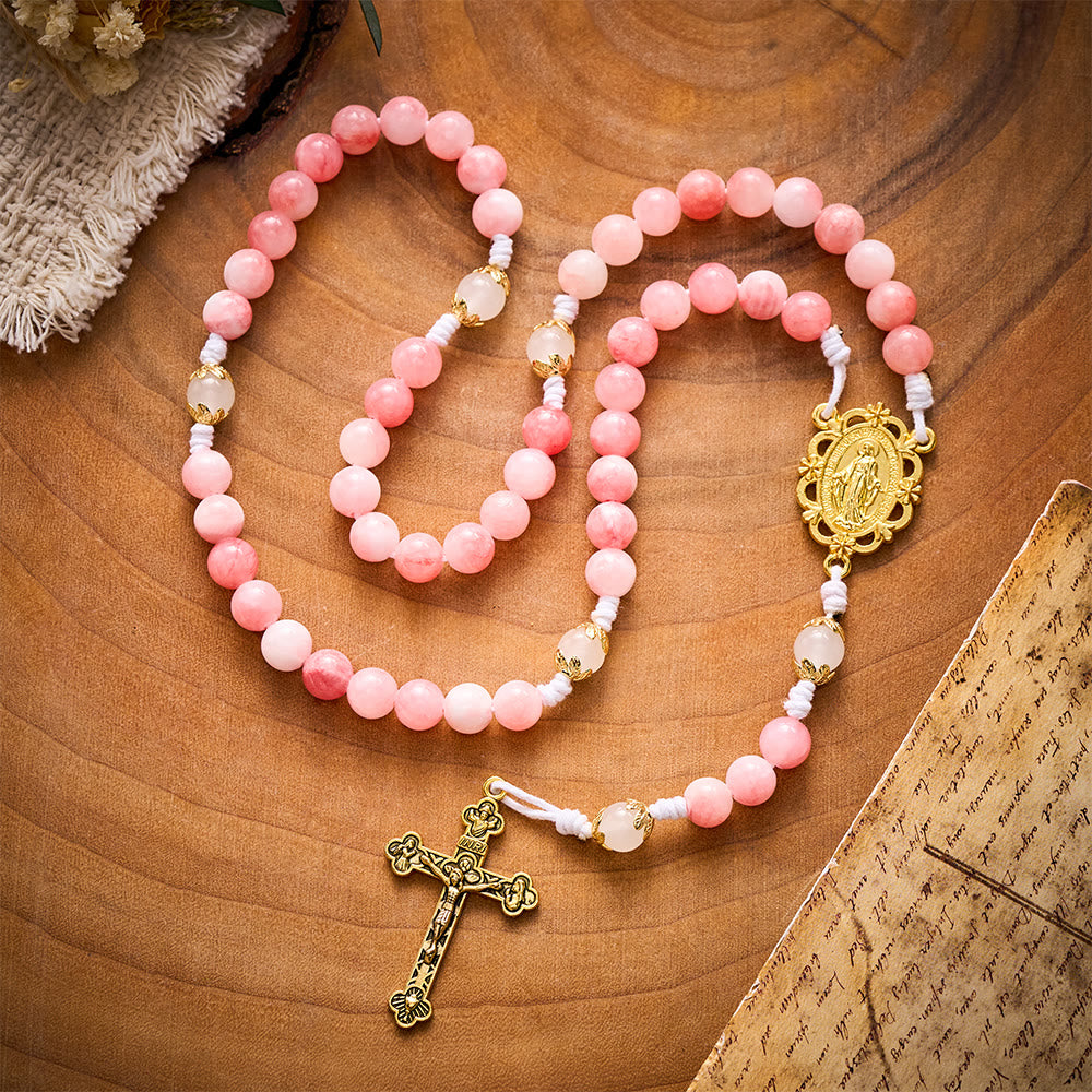 SolaceBeads Persian Jade Stone Rosary With Miraculous Medal &amp; Crucifix: Peace in Soft Pink Hues - image 10