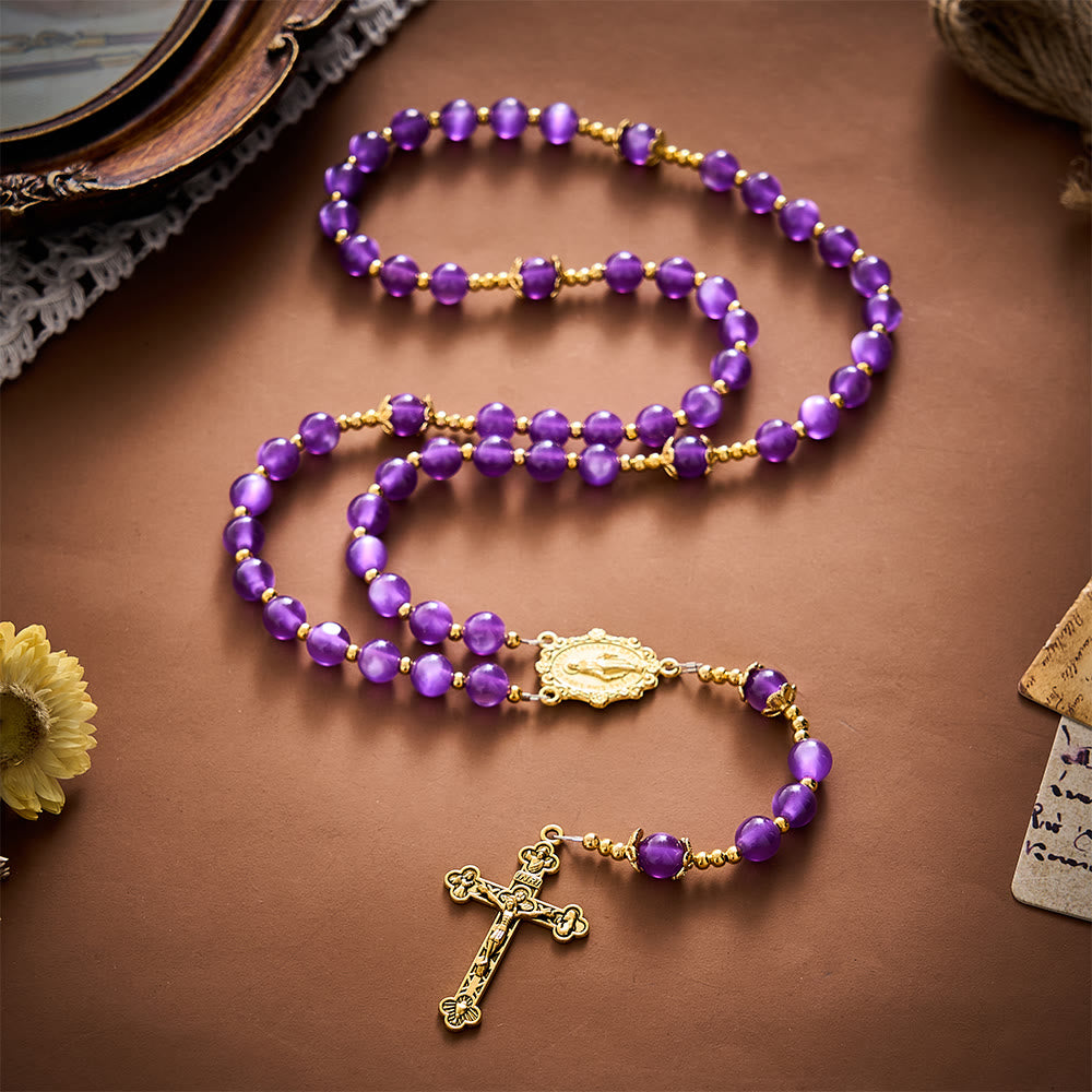 SolaceBeads Purple Cat Eye Artistic Rosary With Miraculous Medal &amp; Crucifix: Peace in Violet Glow - image 9