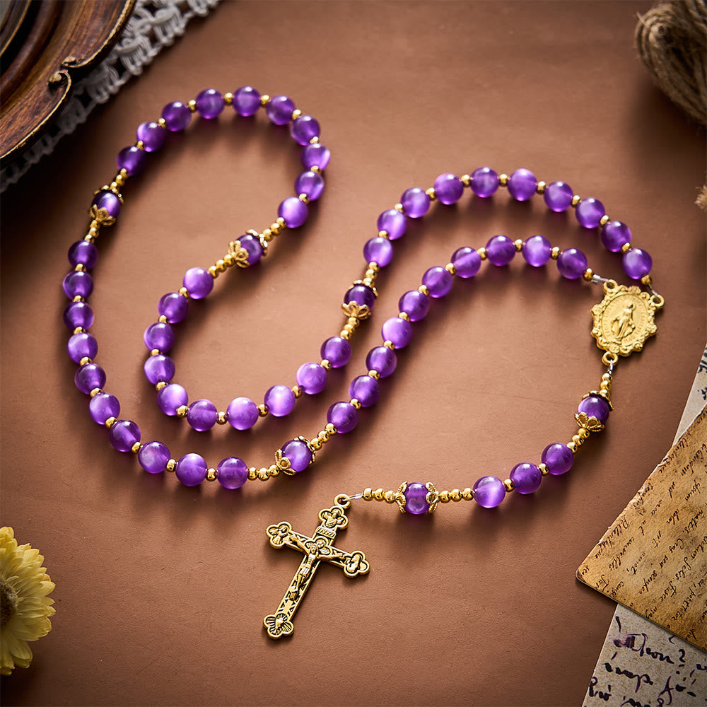 SolaceBeads Purple Cat Eye Artistic Rosary With Miraculous Medal &amp; Crucifix: Peace in Violet Glow - image 8