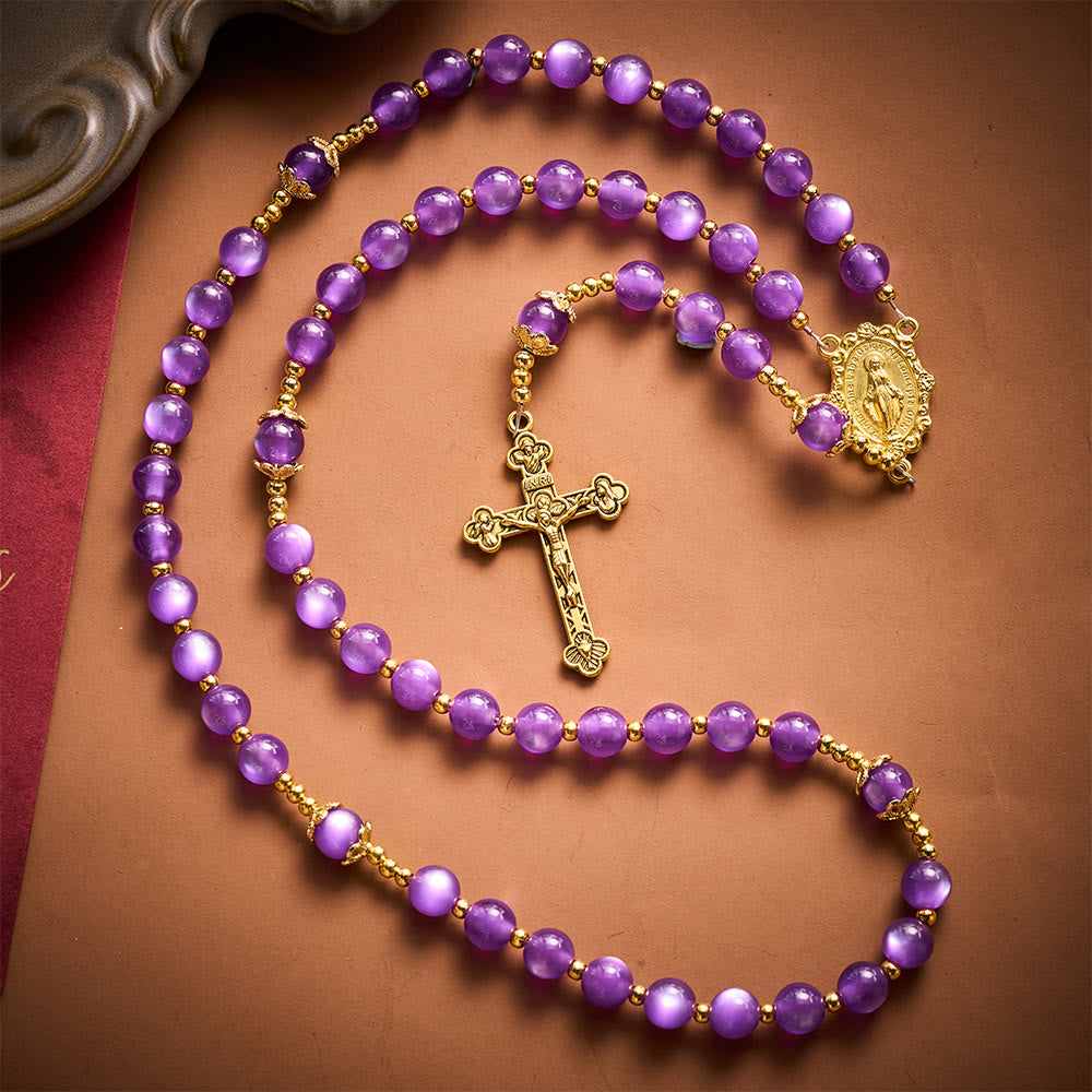SolaceBeads Purple Cat Eye Artistic Rosary With Miraculous Medal &amp; Crucifix: Peace in Violet Glow - image 6