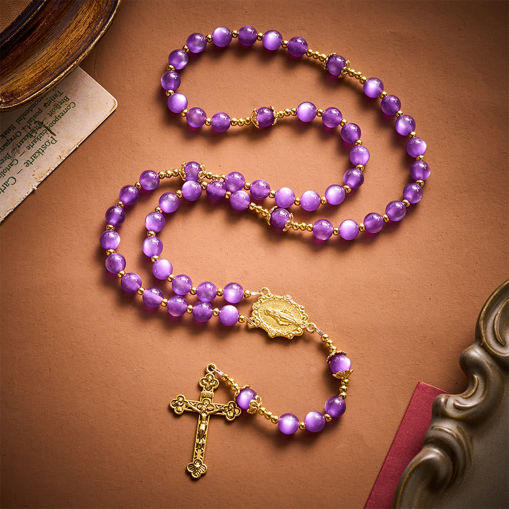 SolaceBeads Purple Cat Eye Artistic Rosary With Miraculous Medal &amp; Crucifix: Peace in Violet Glow - image 7