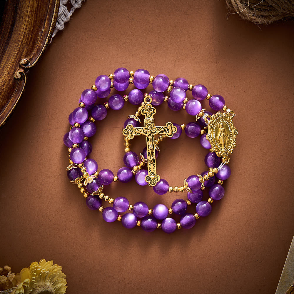 SolaceBeads Purple Cat Eye Artistic Rosary With Miraculous Medal &amp; Crucifix: Peace in Violet Glow - image 5
