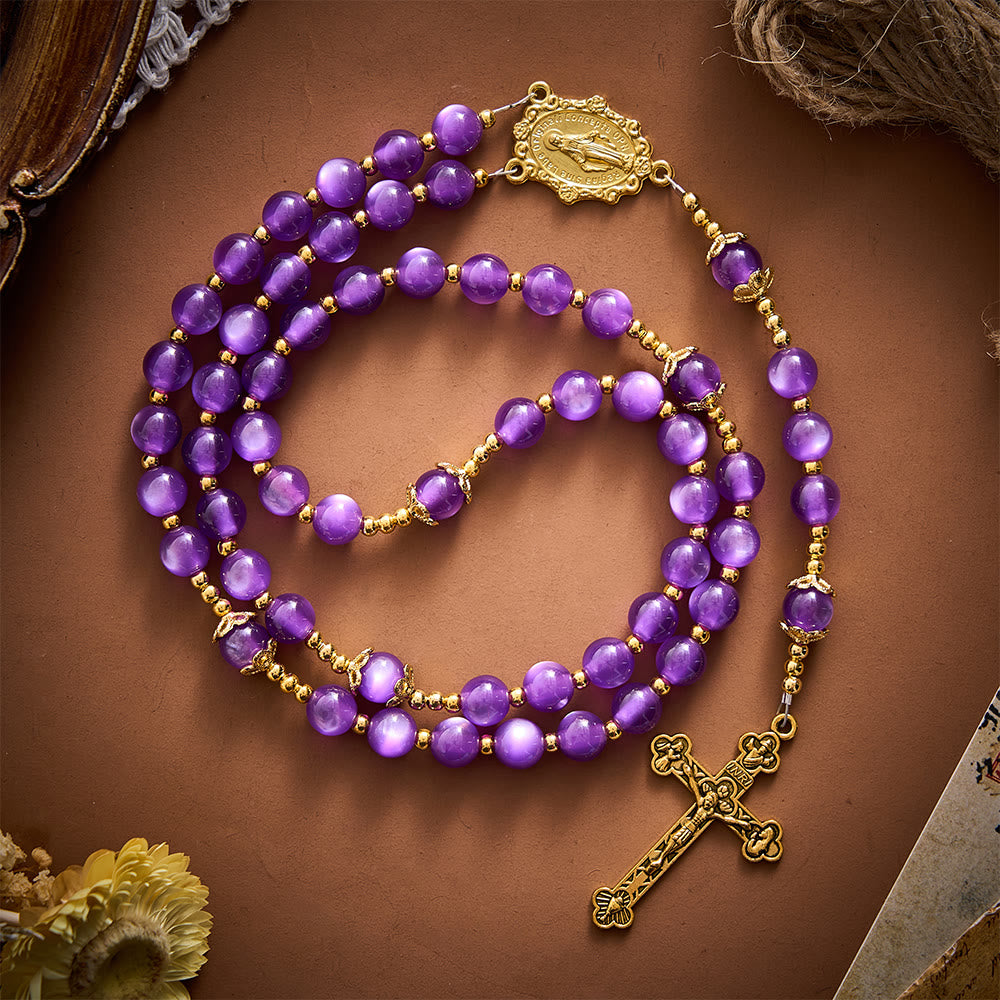 SolaceBeads Purple Cat Eye Artistic Rosary With Miraculous Medal & Crucifix: Peace in Violet Glow - Purple - image 0