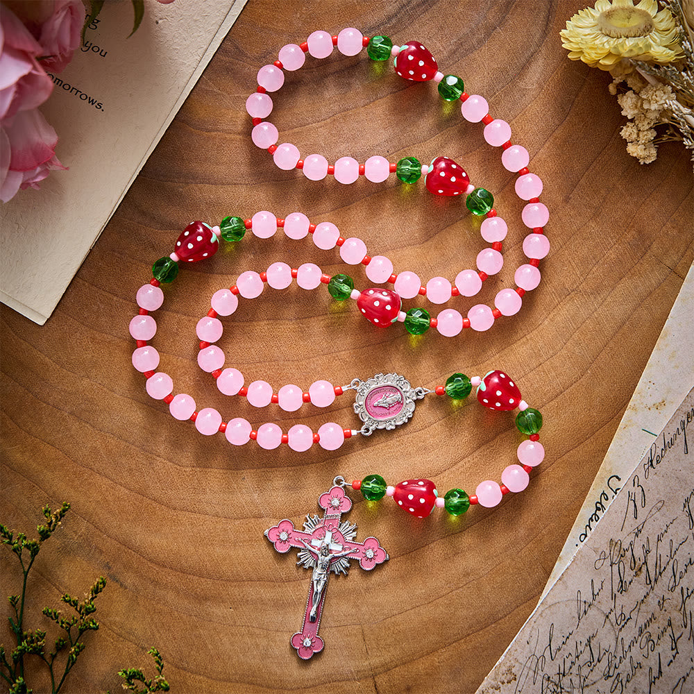 SolaceBeads Pink Glass &amp; Strawberry Beads Miraculous Medal Rosary: Sweet Joy for Christmas Devotion - image 2
