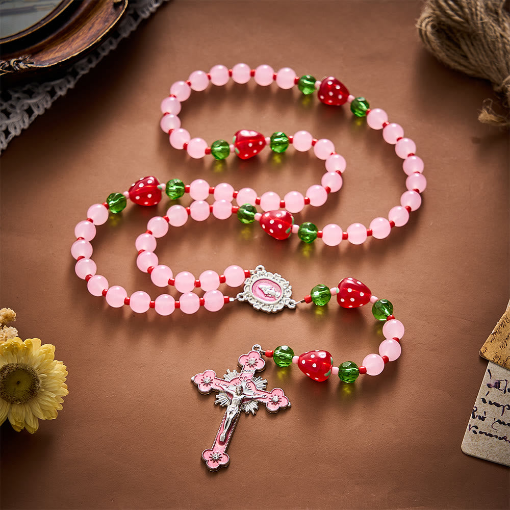 SolaceBeads Pink Glass &amp; Strawberry Beads Miraculous Medal Rosary: Sweet Joy for Christmas Devotion - image 12
