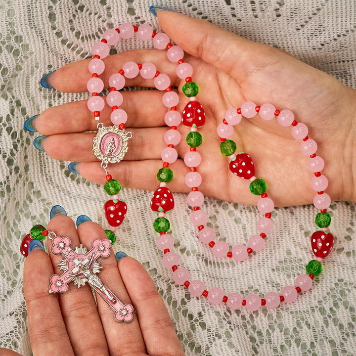 SolaceBeads Pink Glass &amp; Strawberry Beads Miraculous Medal Rosary: Sweet Joy for Christmas Devotion - image 1