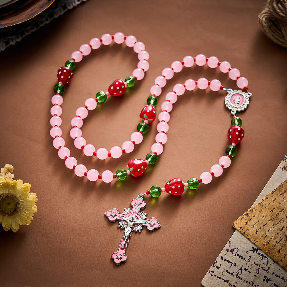 SolaceBeads Pink Glass &amp; Strawberry Beads Miraculous Medal Rosary: Sweet Joy for Christmas Devotion - image 11