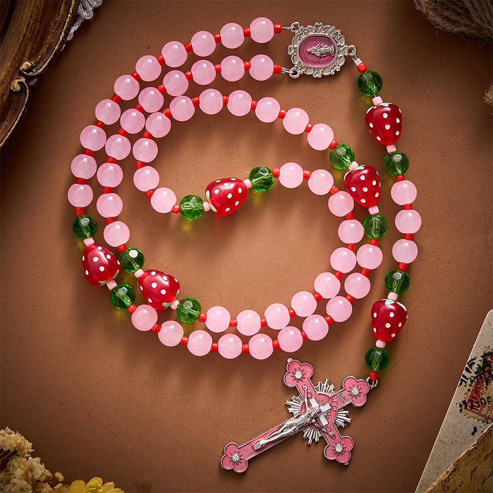 SolaceBeads Pink Glass &amp; Strawberry Beads Miraculous Medal Rosary: Sweet Joy for Christmas Devotion - image 10
