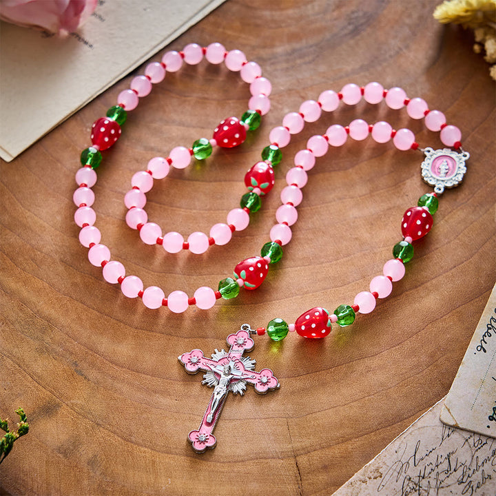 SolaceBeads Pink Glass &amp; Strawberry Beads Miraculous Medal Rosary: Sweet Joy for Christmas Devotion - image 4