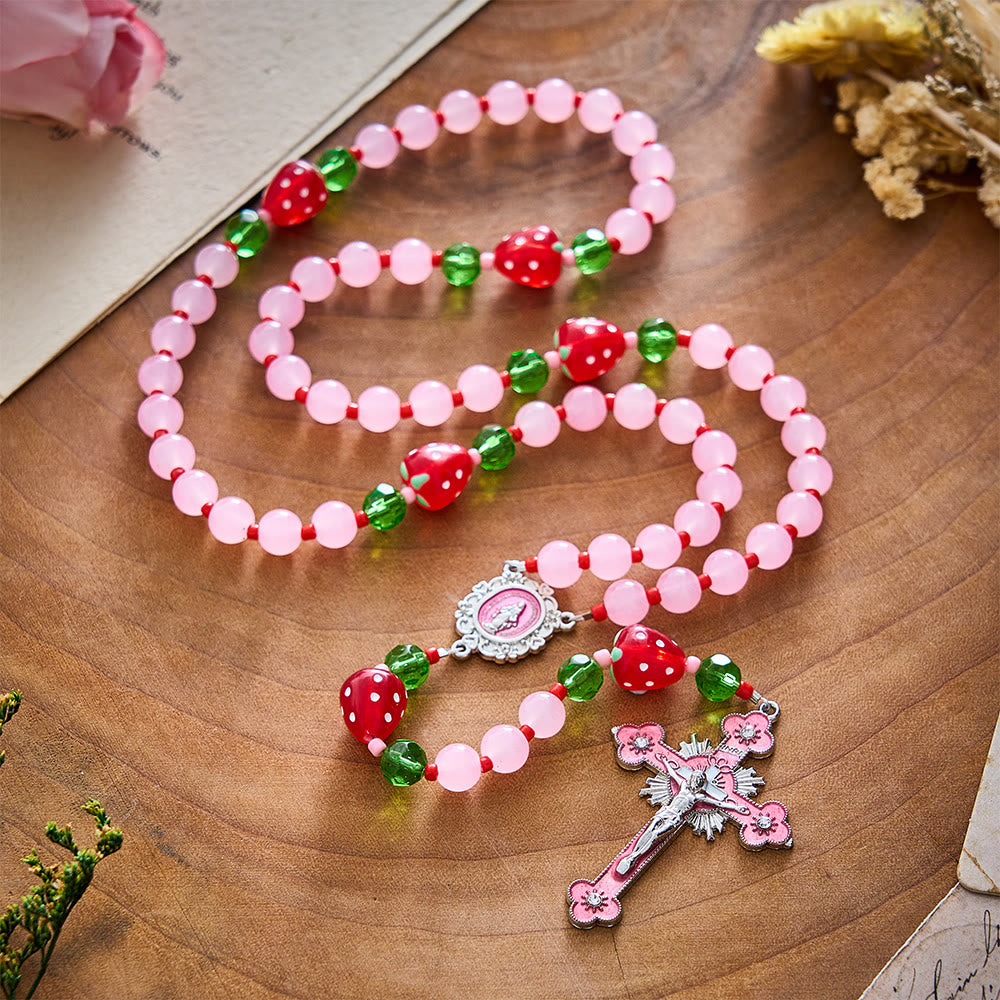 SolaceBeads Pink Glass &amp; Strawberry Beads Miraculous Medal Rosary: Sweet Joy for Christmas Devotion - image 13