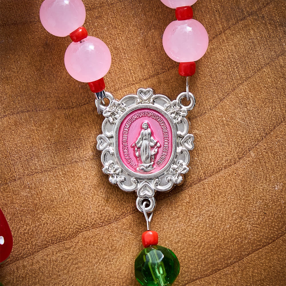 SolaceBeads Pink Glass &amp; Strawberry Beads Miraculous Medal Rosary: Sweet Joy for Christmas Devotion - image 7