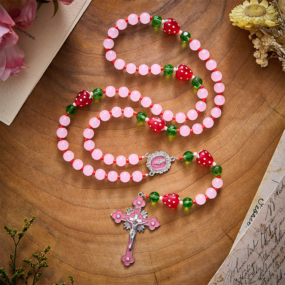 SolaceBeads Pink Glass &amp; Strawberry Beads Miraculous Medal Rosary: Sweet Joy for Christmas Devotion - image 14