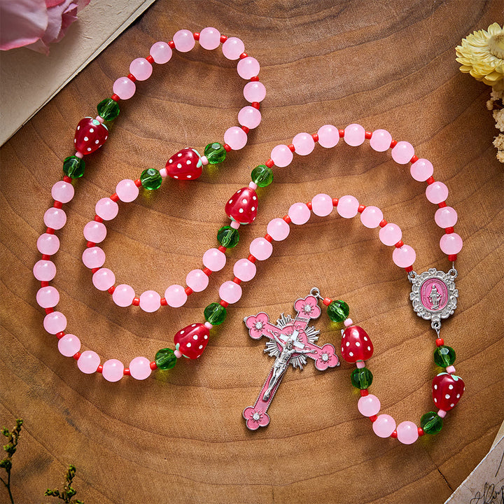SolaceBeads Pink Glass &amp; Strawberry Beads Miraculous Medal Rosary: Sweet Joy for Christmas Devotion - image 5