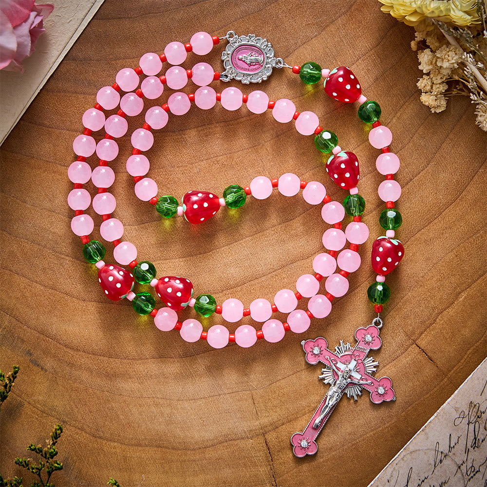 SolaceBeads Pink Glass & Strawberry Beads Miraculous Medal Rosary: Sweet Joy for Christmas Devotion - Pink - image 0