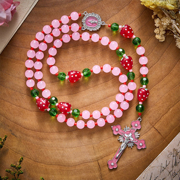 SolaceBeads Pink Glass &amp; Strawberry Beads Miraculous Medal Rosary: Sweet Joy for Christmas Devotion - Pink - image 0