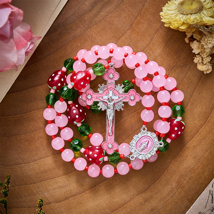 SolaceBeads Pink Glass &amp; Strawberry Beads Miraculous Medal Rosary: Sweet Joy for Christmas Devotion - image 9