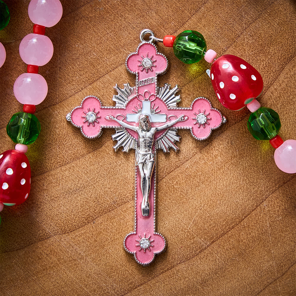 SolaceBeads Pink Glass &amp; Strawberry Beads Miraculous Medal Rosary: Sweet Joy for Christmas Devotion - image 8
