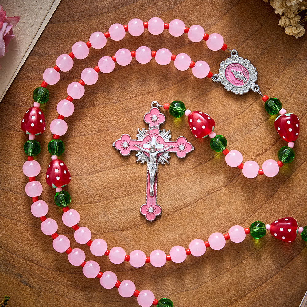 SolaceBeads Pink Glass &amp; Strawberry Beads Miraculous Medal Rosary: Sweet Joy for Christmas Devotion - image 3