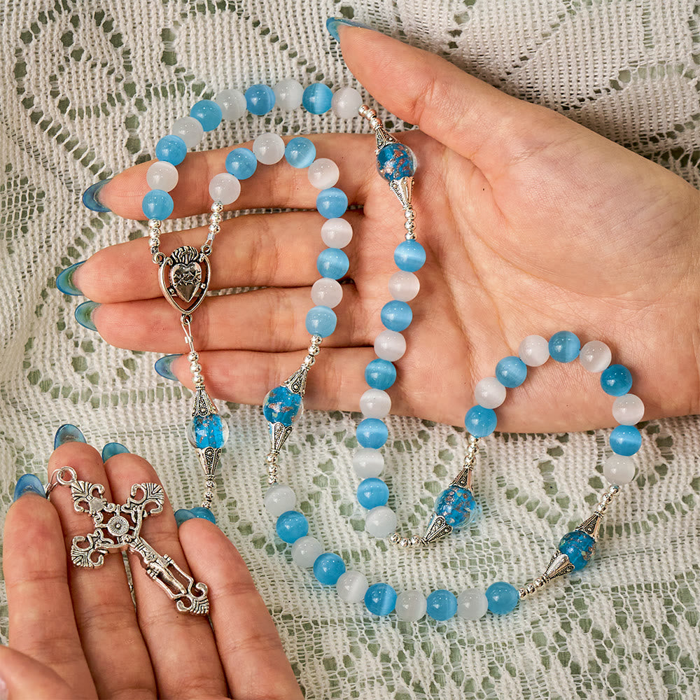 SolaceBeads Blue &amp; White Cat Eye Rosary With Sacred Heart &amp; Crucifix: Peace in Cool Ocean Luster - image 1