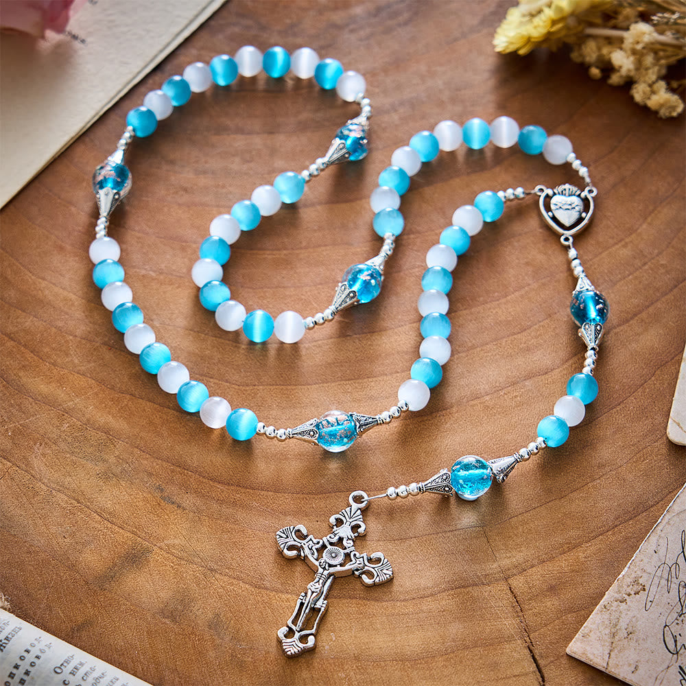 SolaceBeads Blue &amp; White Cat Eye Rosary With Sacred Heart &amp; Crucifix: Peace in Cool Ocean Luster - image 7