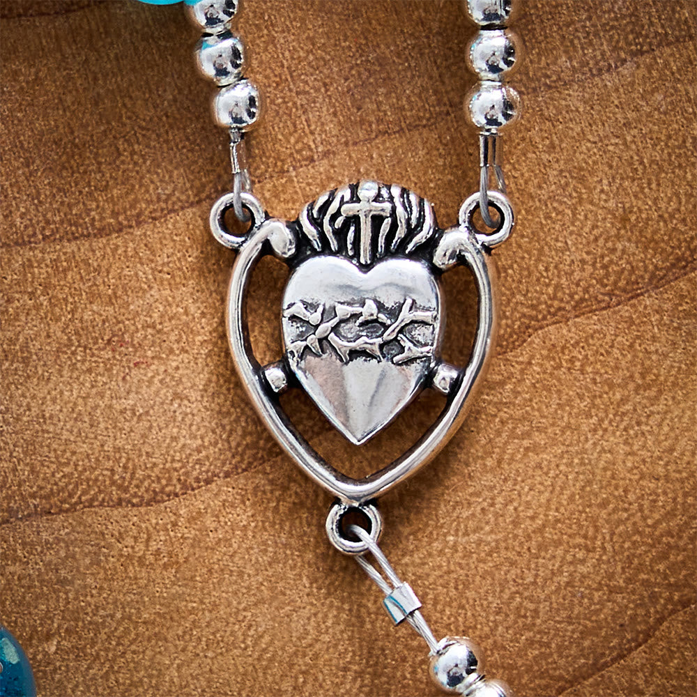 SolaceBeads Blue &amp; White Cat Eye Rosary With Sacred Heart &amp; Crucifix: Peace in Cool Ocean Luster - image 3
