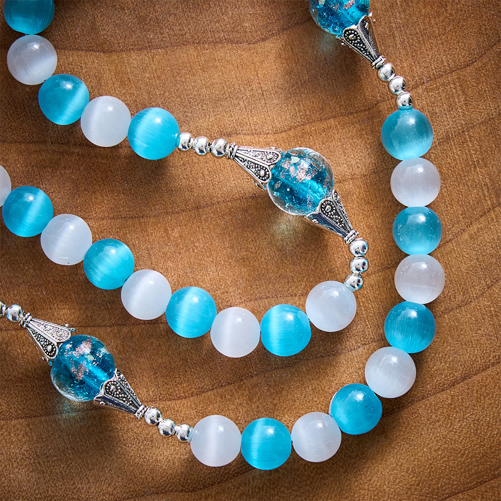 SolaceBeads Blue &amp; White Cat Eye Rosary With Sacred Heart &amp; Crucifix: Peace in Cool Ocean Luster - image 2
