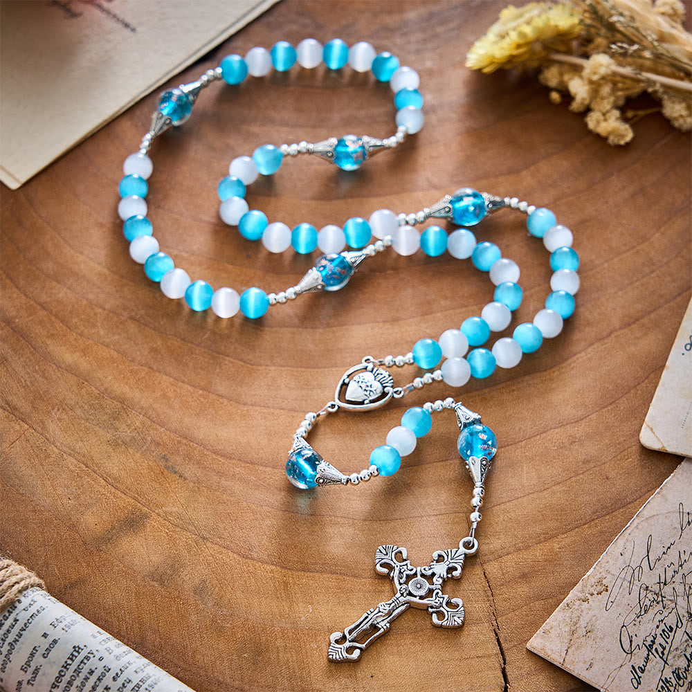SolaceBeads Blue &amp; White Cat Eye Rosary With Sacred Heart &amp; Crucifix: Peace in Cool Ocean Luster - image 10