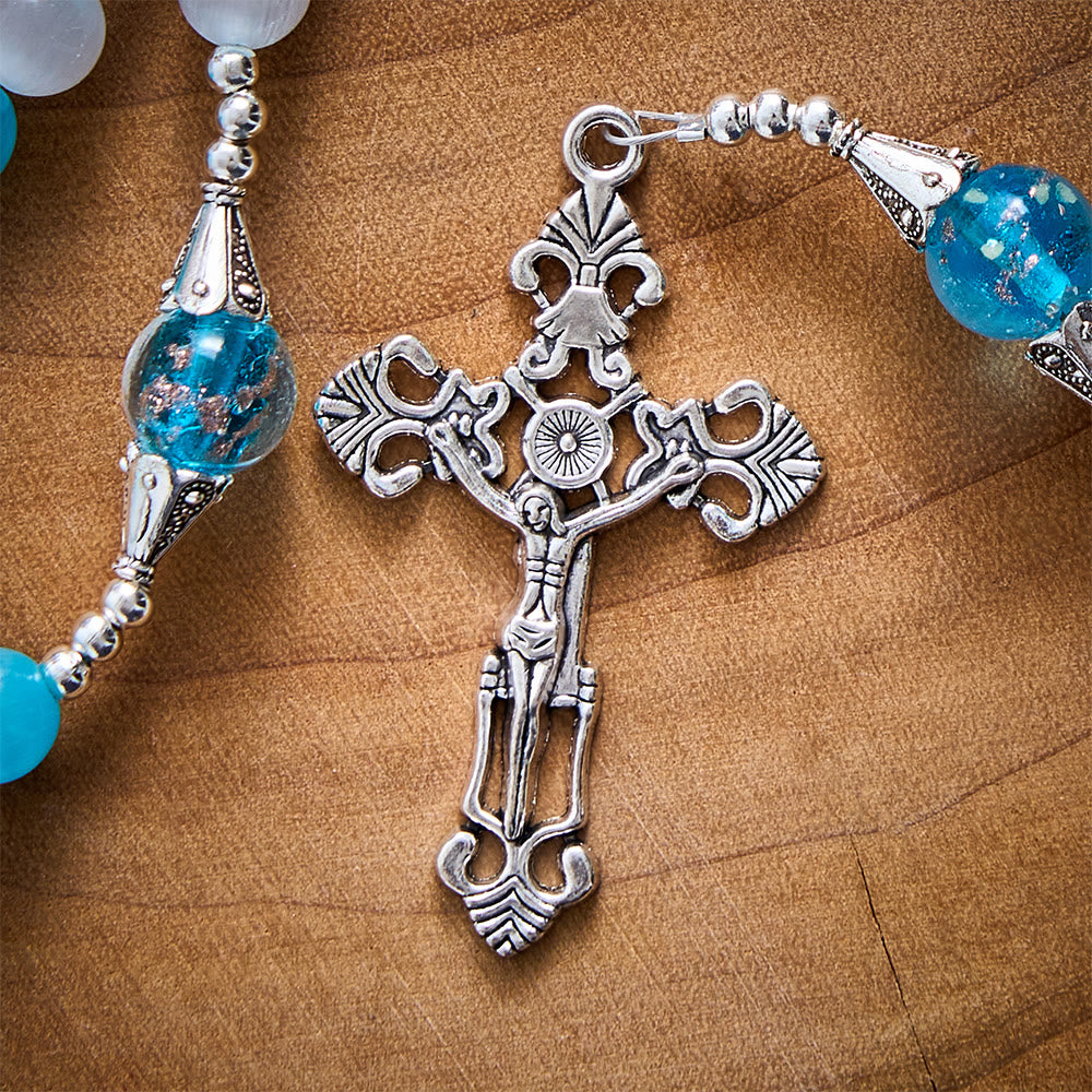 SolaceBeads Blue &amp; White Cat Eye Rosary With Sacred Heart &amp; Crucifix: Peace in Cool Ocean Luster - image 4