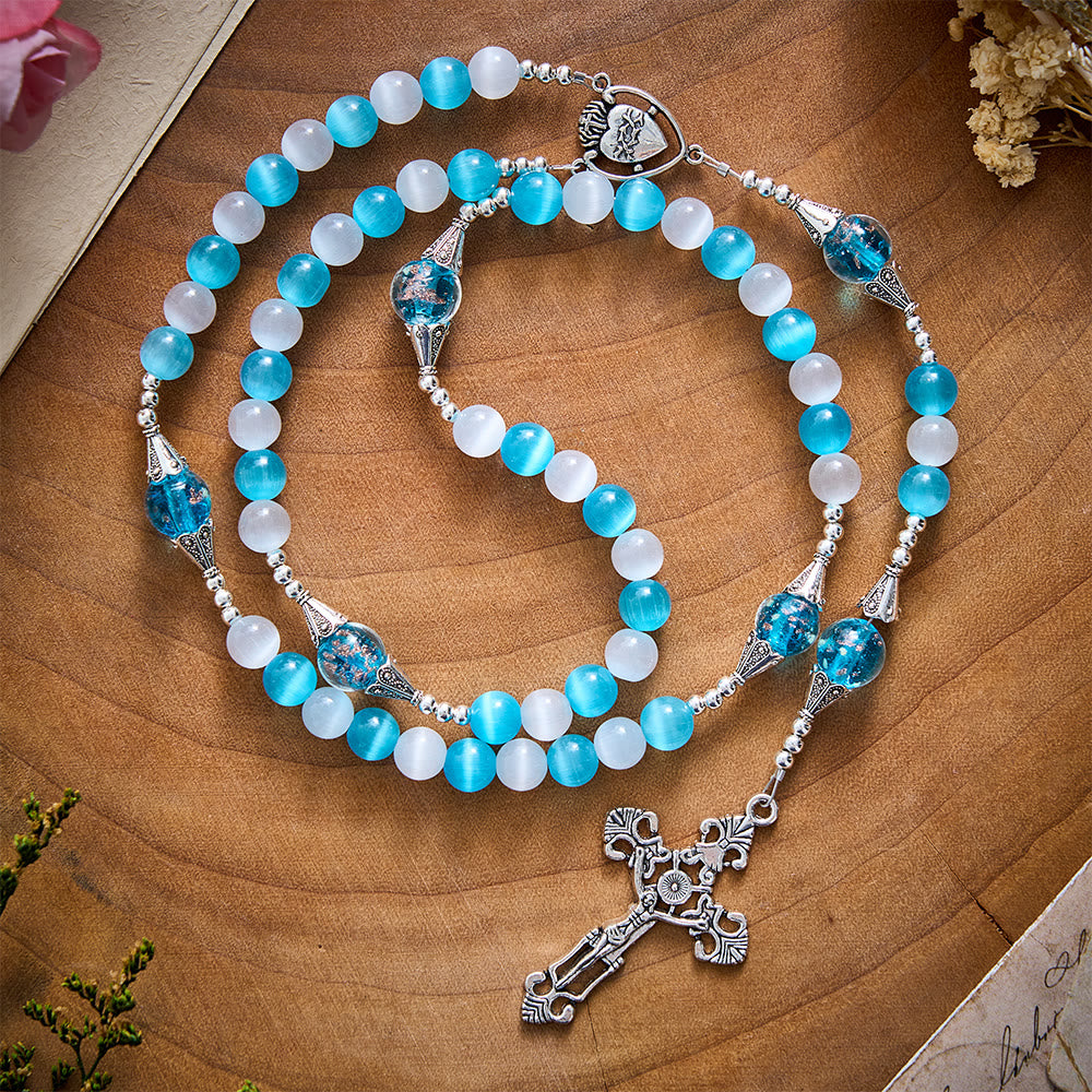 SolaceBeads Blue & White Cat Eye Rosary With Sacred Heart & Crucifix: Peace in Cool Ocean Luster - Blue & White - image 0