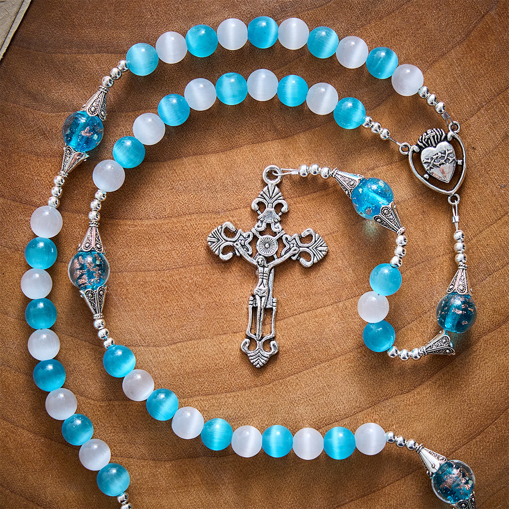 SolaceBeads Blue &amp; White Cat Eye Rosary With Sacred Heart &amp; Crucifix: Peace in Cool Ocean Luster - image 6