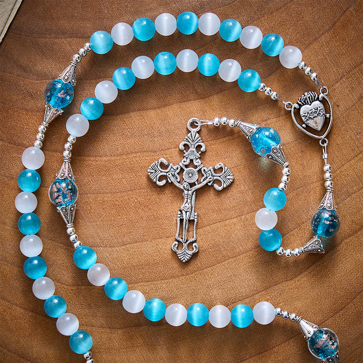 SolaceBeads Blue &amp; White Cat Eye Rosary With Sacred Heart &amp; Crucifix: Peace in Cool Ocean Luster - image 6