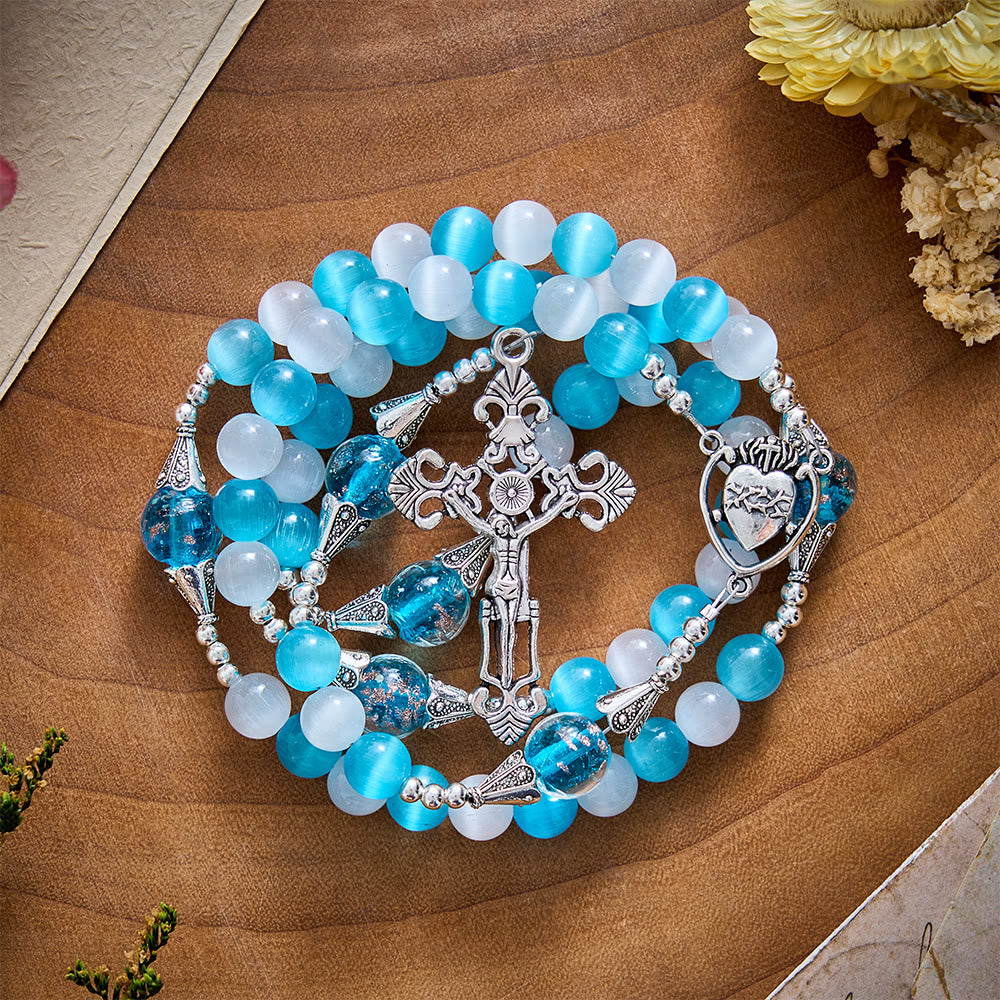 SolaceBeads Blue &amp; White Cat Eye Rosary With Sacred Heart &amp; Crucifix: Peace in Cool Ocean Luster - image 5