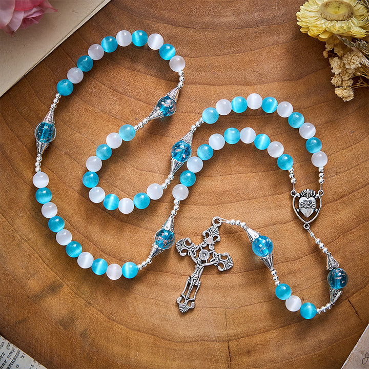 SolaceBeads Blue &amp; White Cat Eye Rosary With Sacred Heart &amp; Crucifix: Peace in Cool Ocean Luster - image 9
