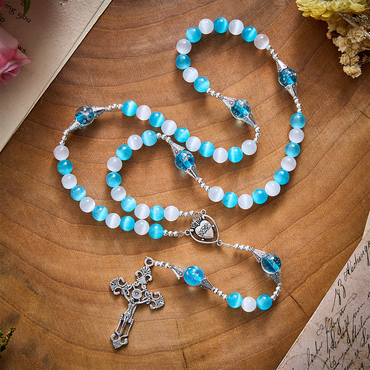 SolaceBeads Blue &amp; White Cat Eye Rosary With Sacred Heart &amp; Crucifix: Peace in Cool Ocean Luster - image 8