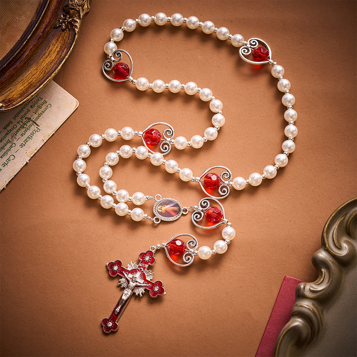 SolaceBeads Pearl &amp; Red Crystal Divine Mercy Rosary: Pure Grace for Prayerful Hearts - White - image 0