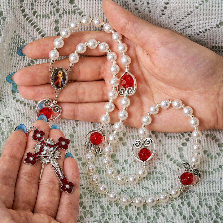 SolaceBeads Pearl &amp; Red Crystal Divine Mercy Rosary: Pure Grace for Prayerful Hearts - image 1