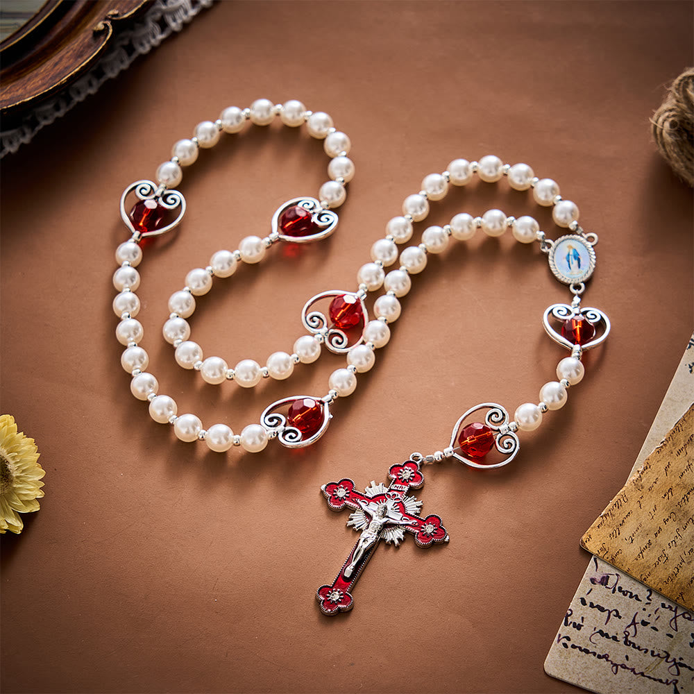 SolaceBeads Pearl &amp; Red Crystal Divine Mercy Rosary: Pure Grace for Prayerful Hearts - image 3