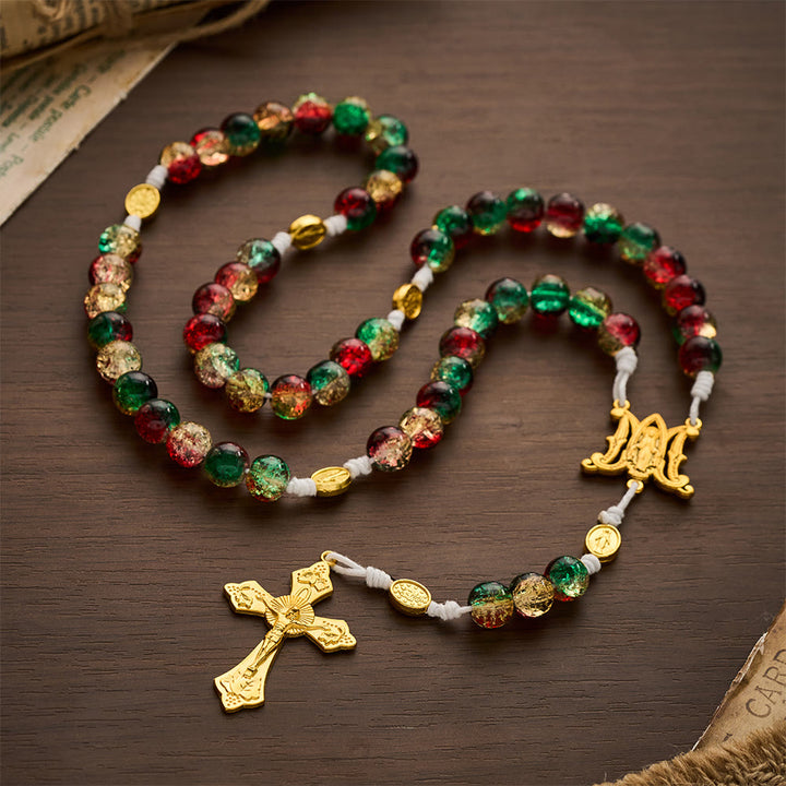 SolaceBeads Red Green Crackle Glass Rosary With Miraculous Medal &amp; Crucifix: Peace in Christmas Glow - image 7