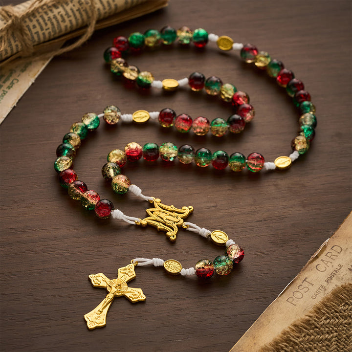 SolaceBeads Red Green Crackle Glass Rosary With Miraculous Medal &amp; Crucifix: Peace in Christmas Glow - image 9