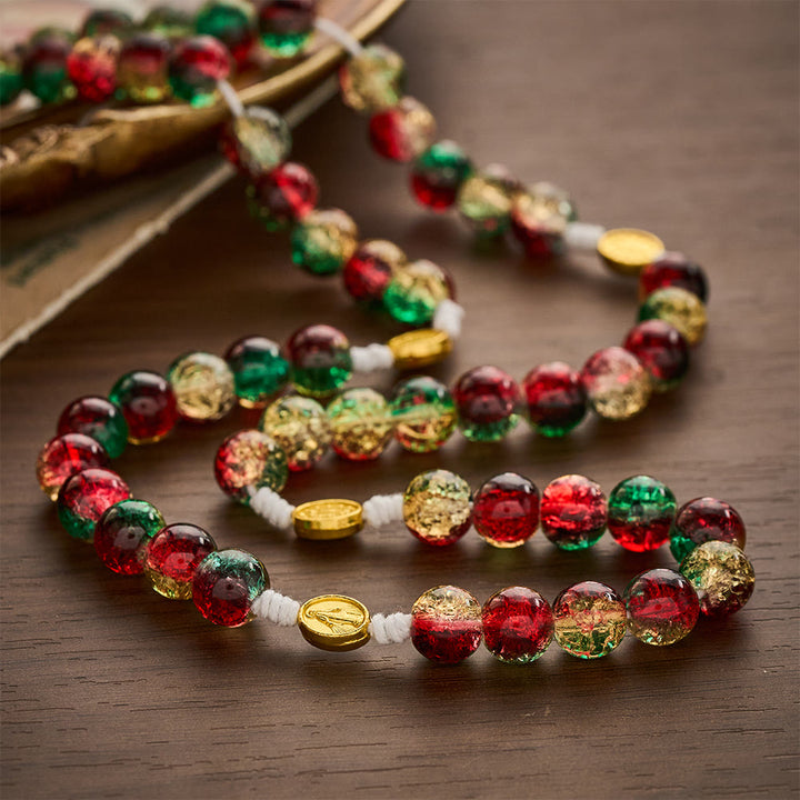 SolaceBeads Red Green Crackle Glass Rosary With Miraculous Medal &amp; Crucifix: Peace in Christmas Glow - image 2