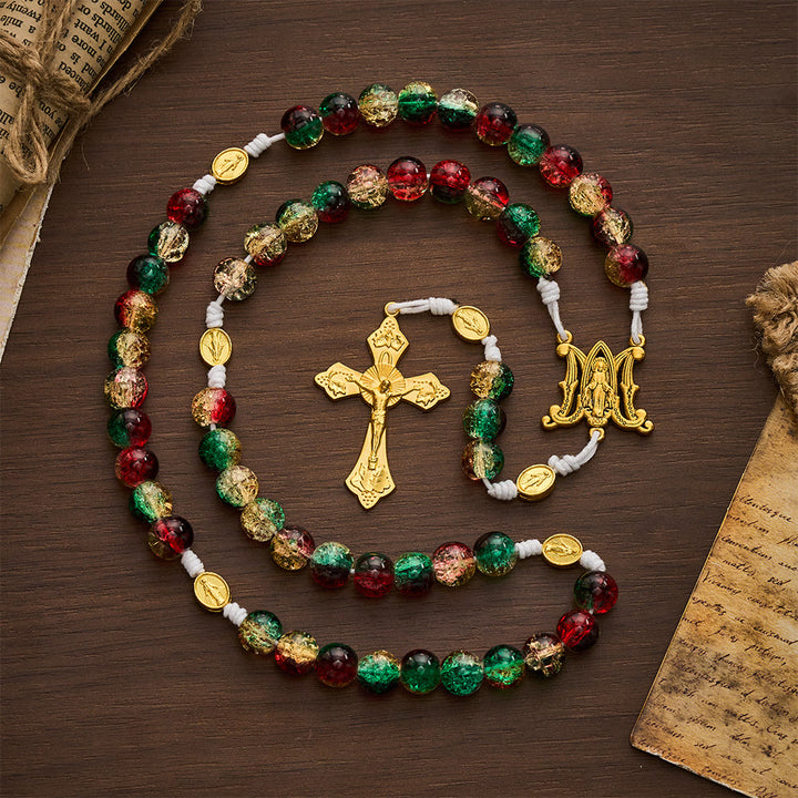 SolaceBeads Red Green Crackle Glass Rosary With Miraculous Medal &amp; Crucifix: Peace in Christmas Glow - image 6
