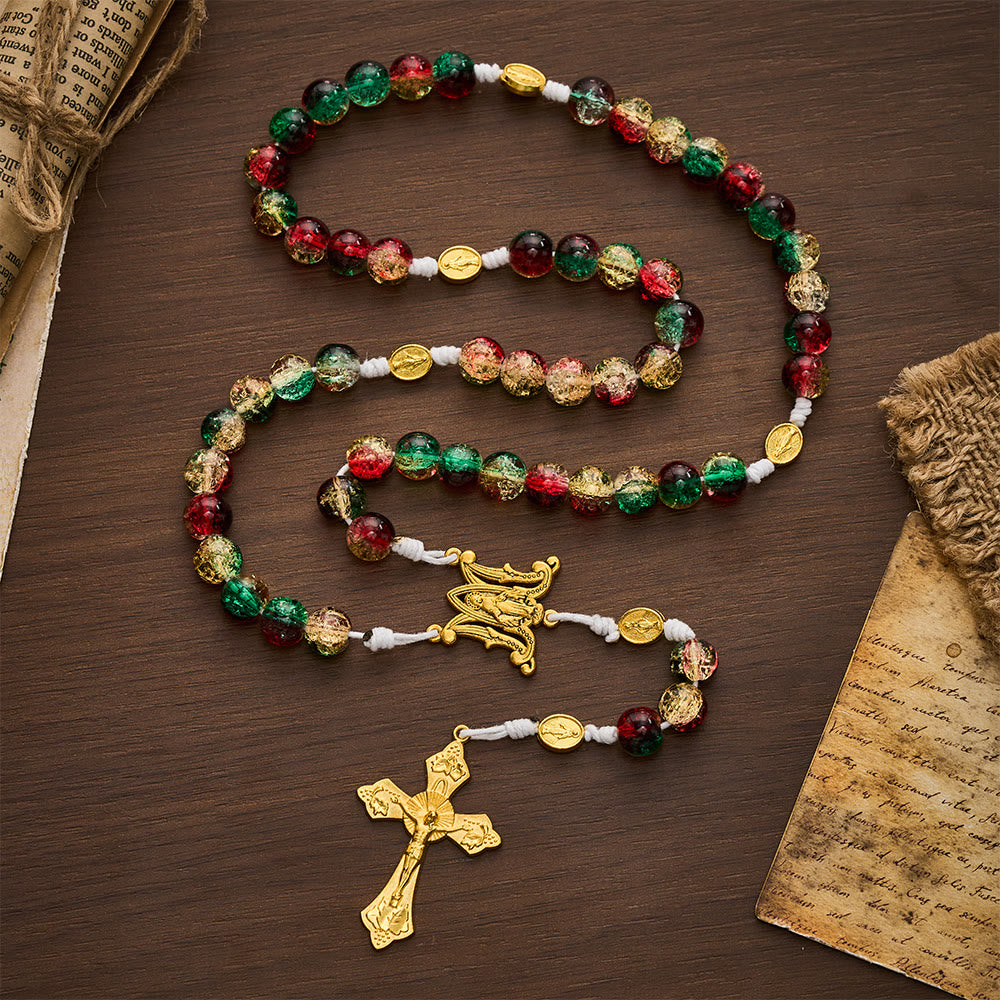 SolaceBeads Red Green Crackle Glass Rosary With Miraculous Medal &amp; Crucifix: Peace in Christmas Glow - image 8