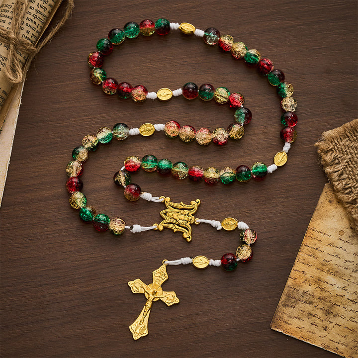 SolaceBeads Red Green Crackle Glass Rosary With Miraculous Medal &amp; Crucifix: Peace in Christmas Glow - image 8