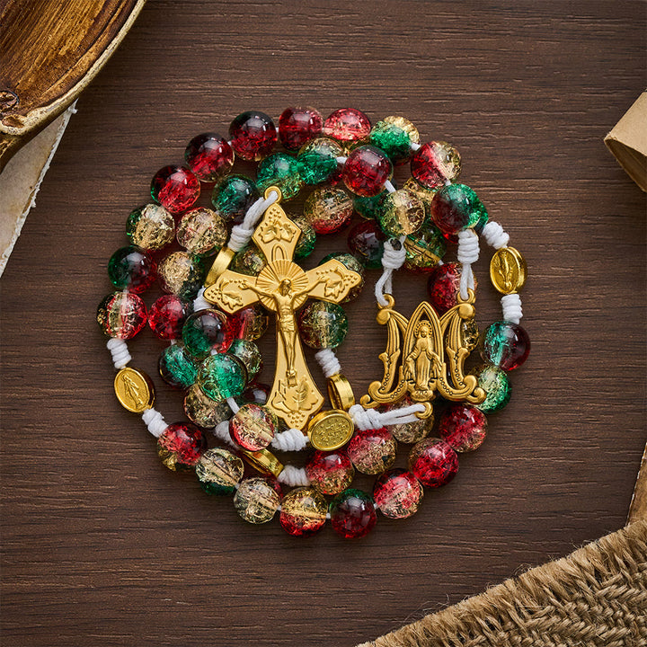 SolaceBeads Red Green Crackle Glass Rosary With Miraculous Medal &amp; Crucifix: Peace in Christmas Glow - image 5