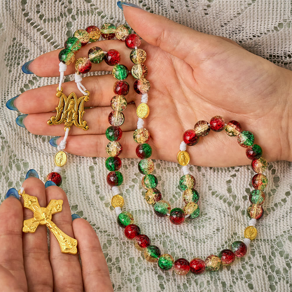 SolaceBeads Red Green Crackle Glass Rosary With Miraculous Medal &amp; Crucifix: Peace in Christmas Glow - image 1
