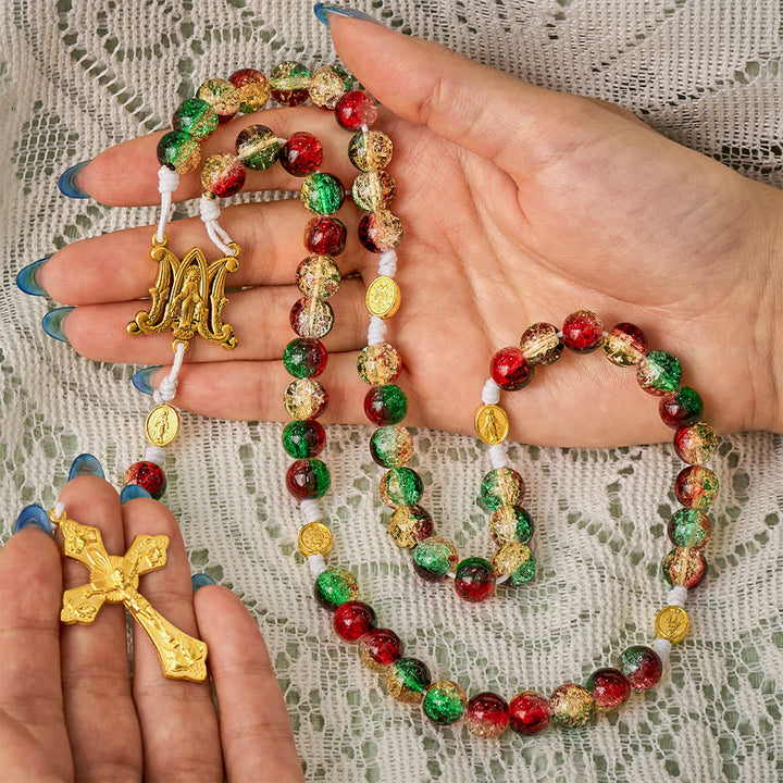 SolaceBeads Red Green Crackle Glass Rosary With Miraculous Medal &amp; Crucifix: Peace in Christmas Glow - image 1
