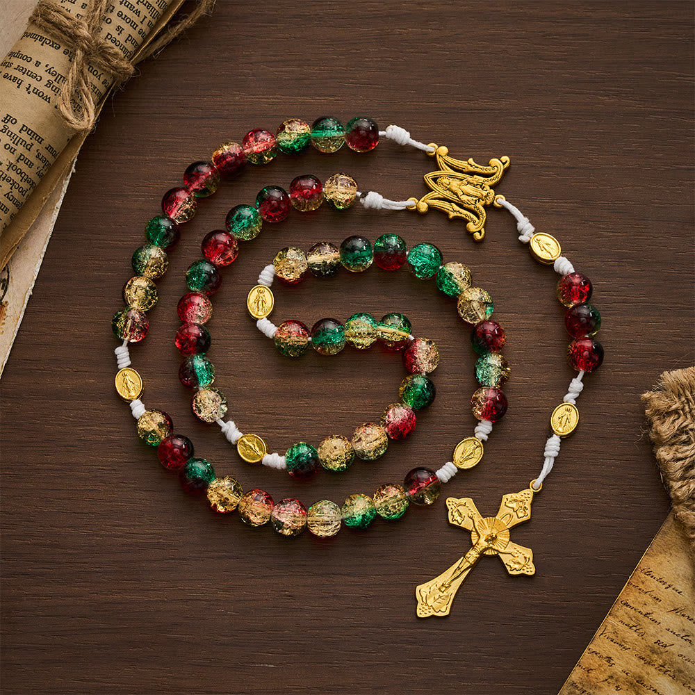 SolaceBeads Red Green Crackle Glass Rosary With Miraculous Medal & Crucifix: Peace in Christmas Glow - Red & Green - image 0