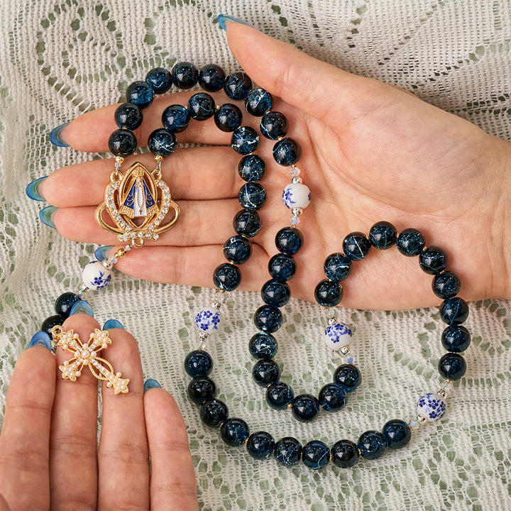 SolaceBeads Blue Glass &amp; Floral Ceramic Our Lady of Aparecida Rosary: Heavenly Serenity for Daily Prayer - image 1
