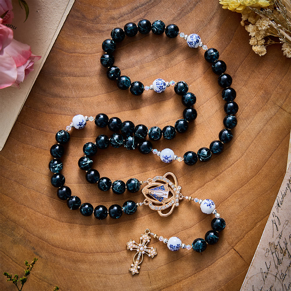 SolaceBeads Blue Glass & Floral Ceramic Our Lady of Aparecida Rosary: Heavenly Serenity for Daily Prayer - Deep Blue - image 0