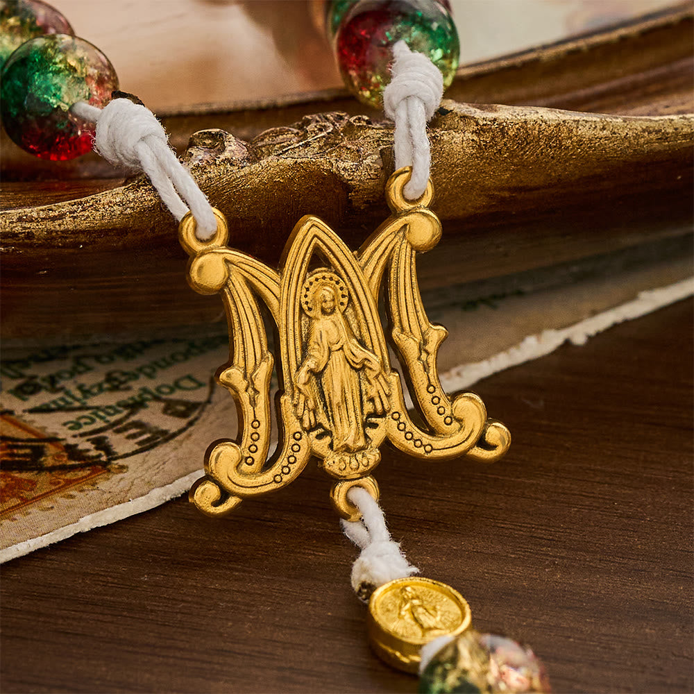 SolaceBeads Red Green Crackle Glass Rosary With Miraculous Medal &amp; Crucifix: Peace in Christmas Glow - image 4